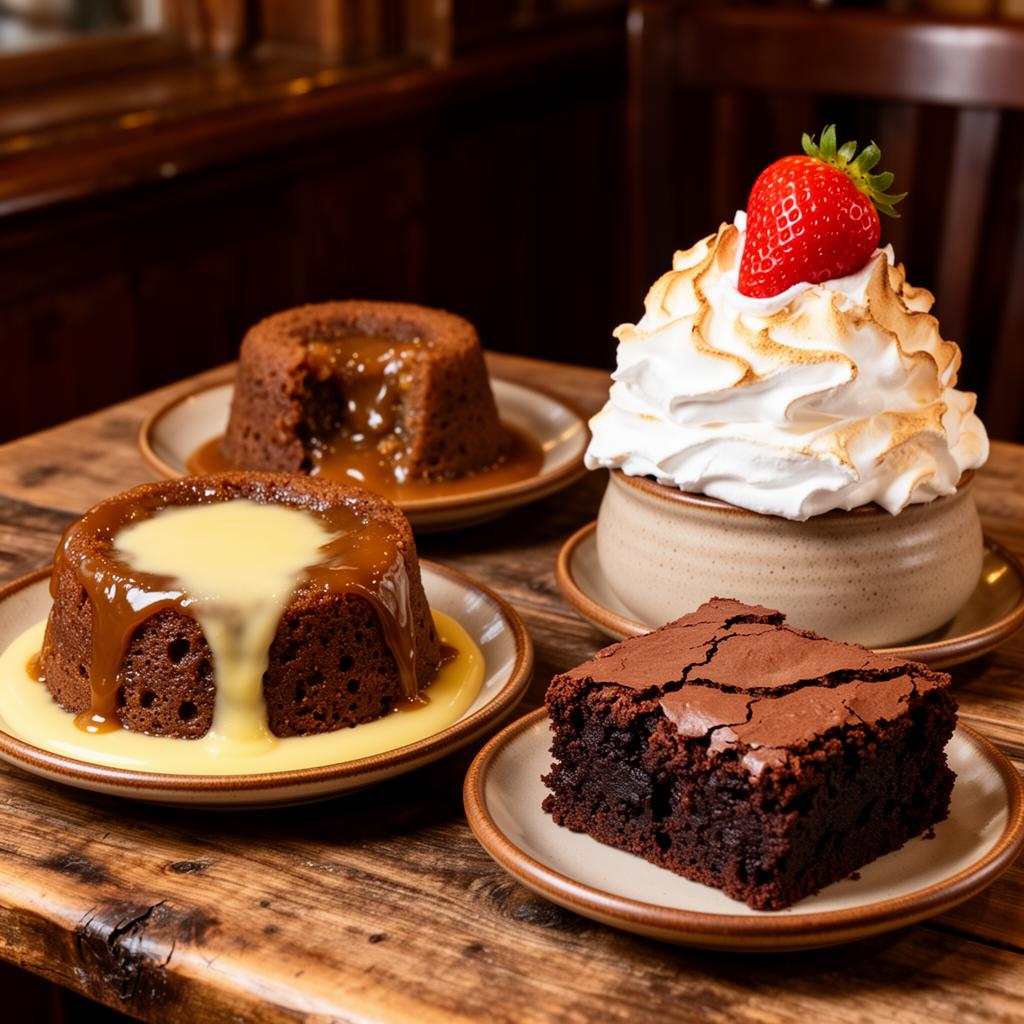 Sticky toffee pudding with custard, meringue with strawberry and chocolate brownie