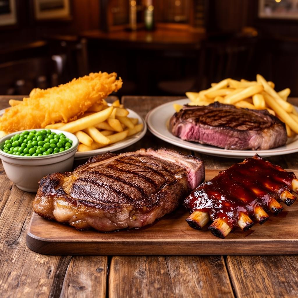Fish and chips, ribeye steak and BBQ ribs on a rustic pub table