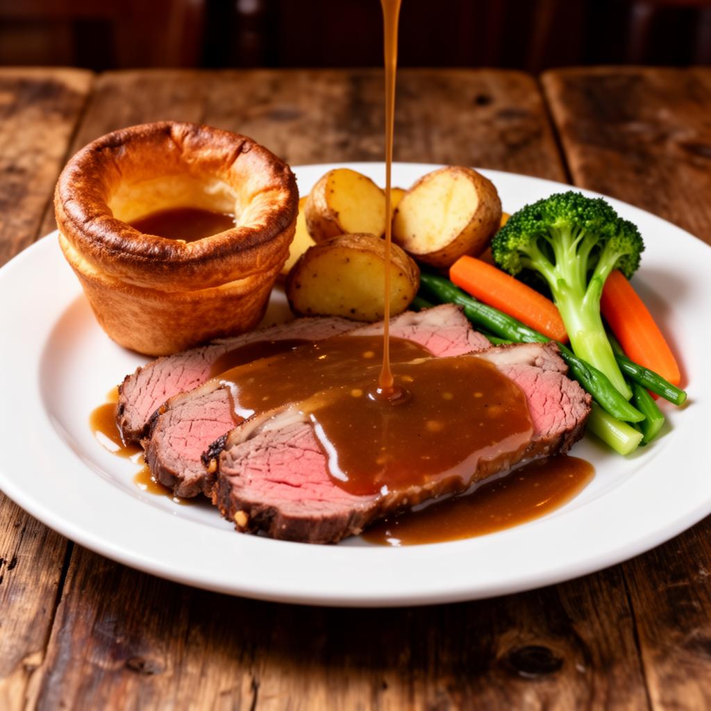 Sunday roast dinner with sliced roast beef, Yorkshire pudding, roast potatoes, vegetables and gravy